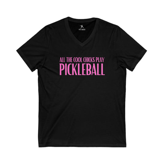 Cool Chicks Play Pickleball Unisex Jersey Short Sleeve V-Neck Tee