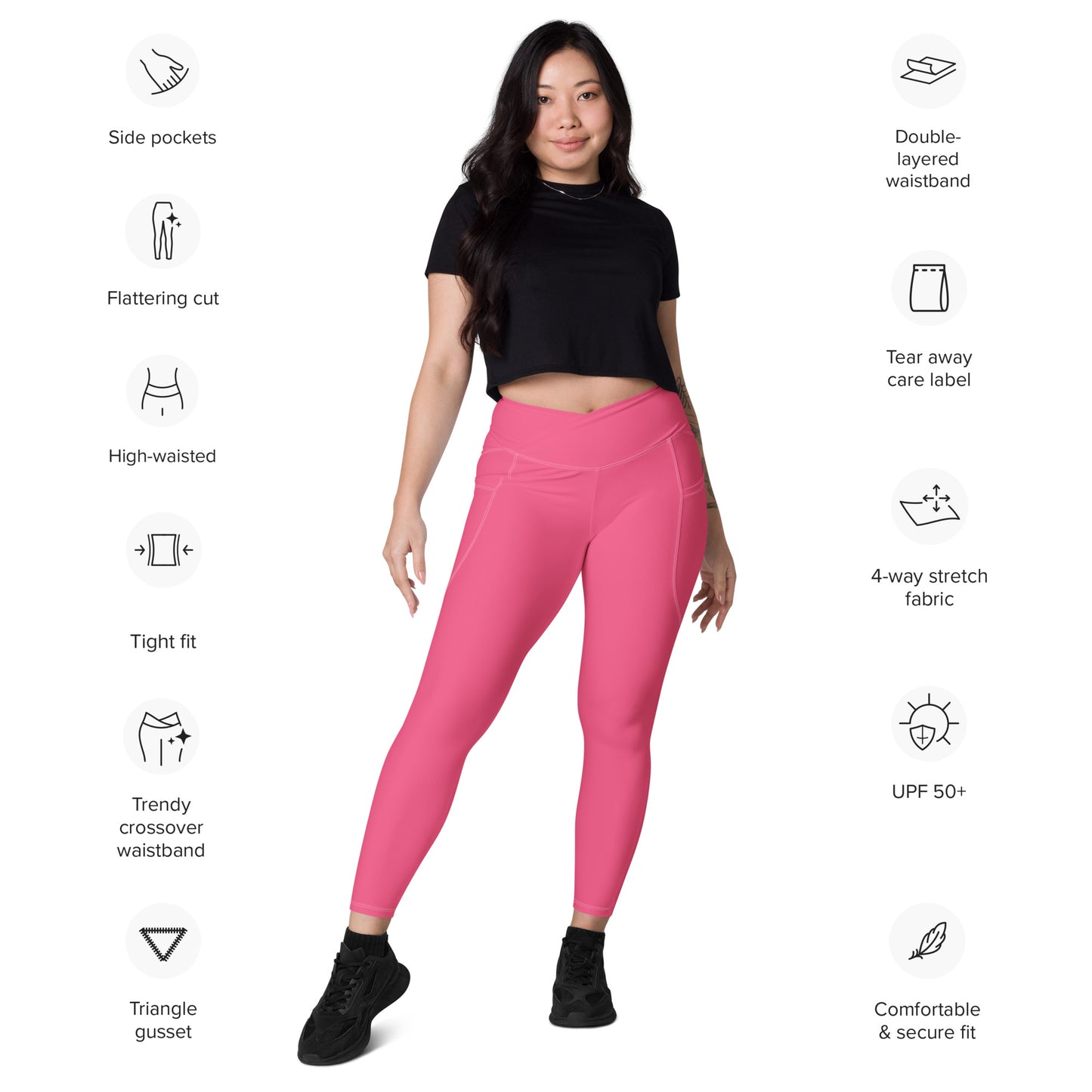 Flamingo Pink Crossover Full Length Leggings with Pockets (XXS-6XL)