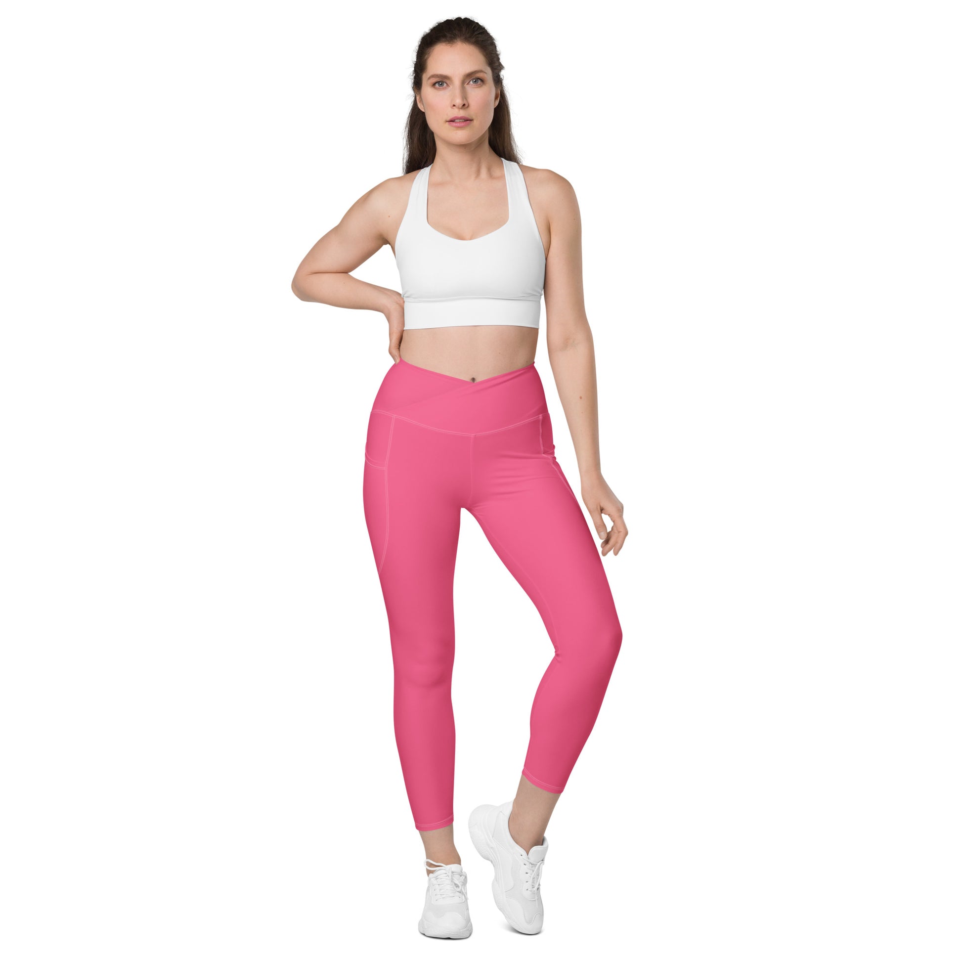 Flamingo Pink Crossover Full Length Leggings with Pockets (XXS-6XL