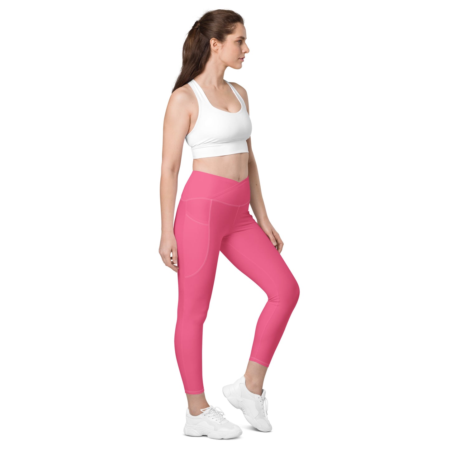 Flamingo Pink Crossover Full Length Leggings with Pockets (XXS-6XL)